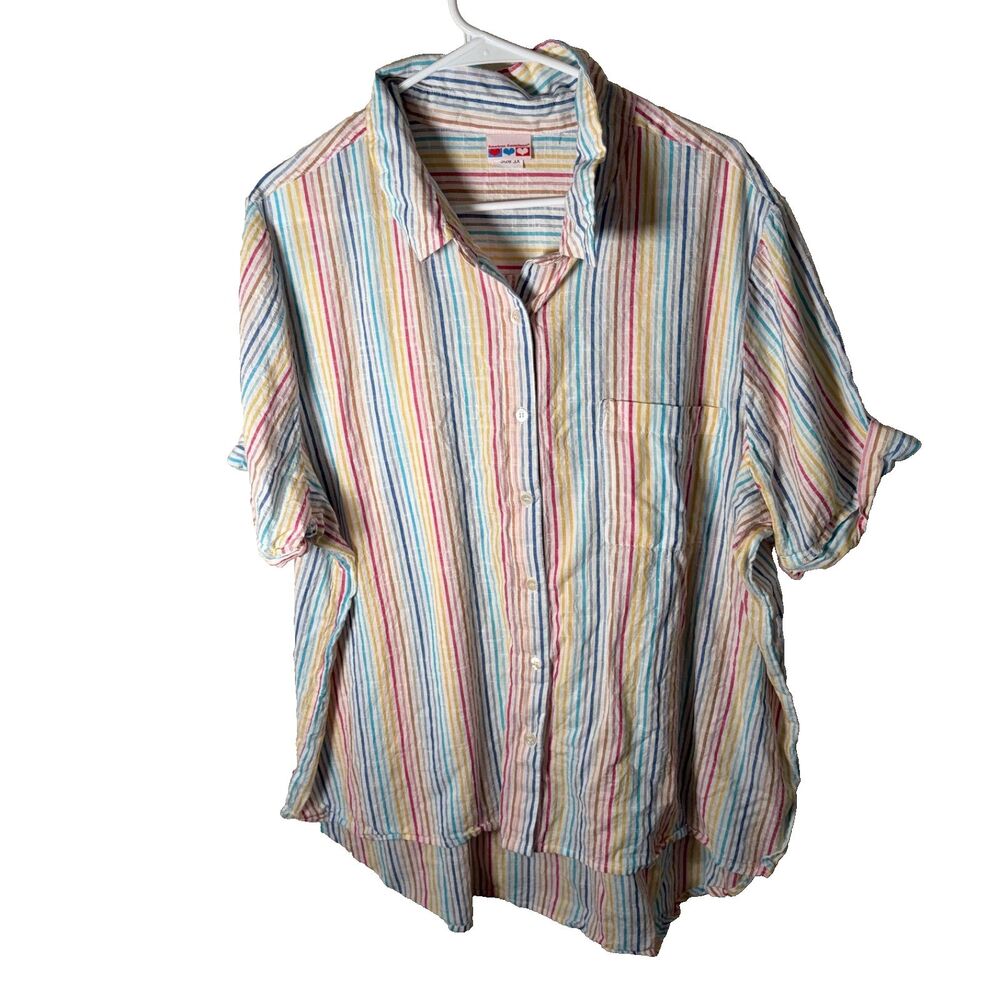 American Sweetheart Shirt Women's 3X Button Up Rainbow Short Sleeve Collared